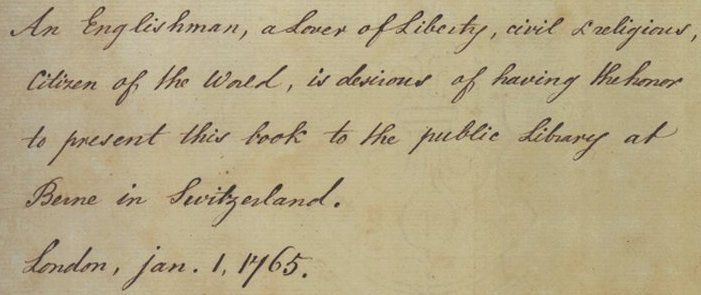 Handschriftlicher Vermerk auf Hollis' Exemplar von Letters concerning toleration von John Locke