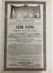 Schaustellerplakat: Cinq Nains ou Hommes en Miniature, les Frères Wölthie et les Soeurs Green, H. Hawlitschek, 1843 (mit Rechtschreibkorrekturen)