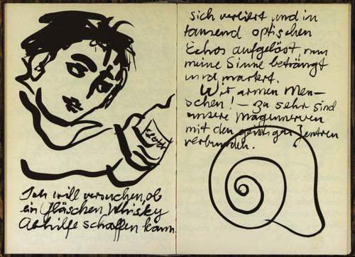 Abbildung mit handschriftlichem Text aus "Tagebuch eines Malers" von Franz Gertsch, Offizin Stämpfli, 1965. Signatur BeM Rar 549
