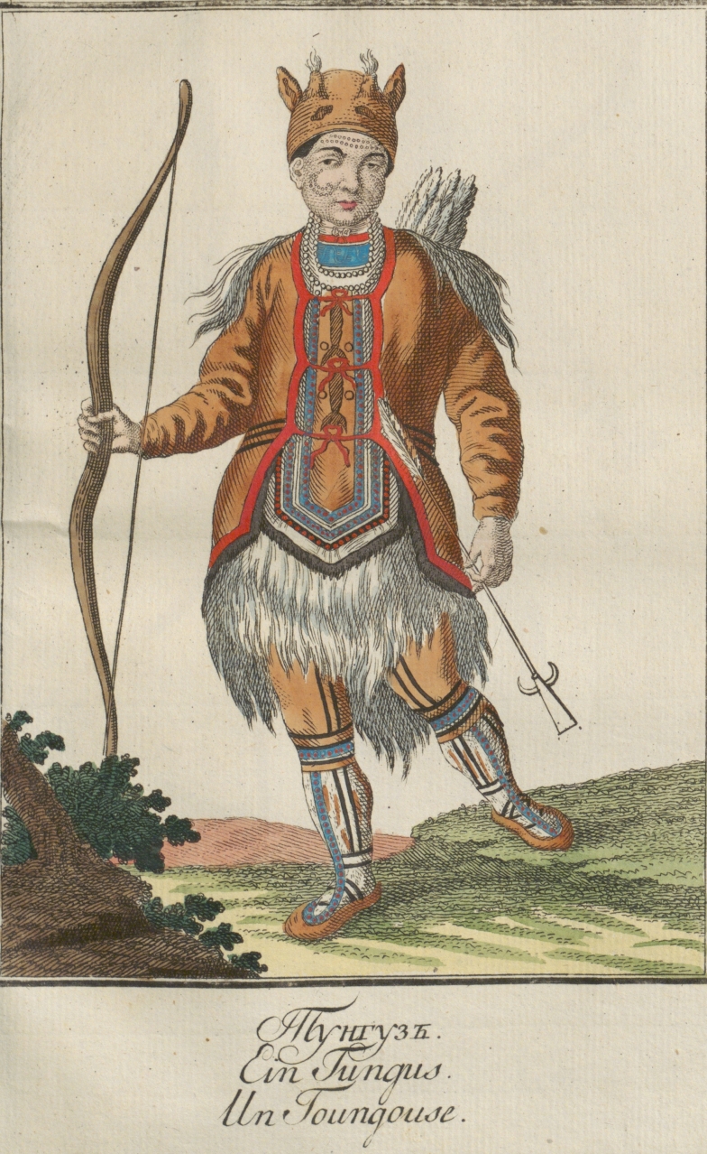 Kolorierter Stich eines Tunguzen in traditioneller Kleidung mit Pfeil und Bogen