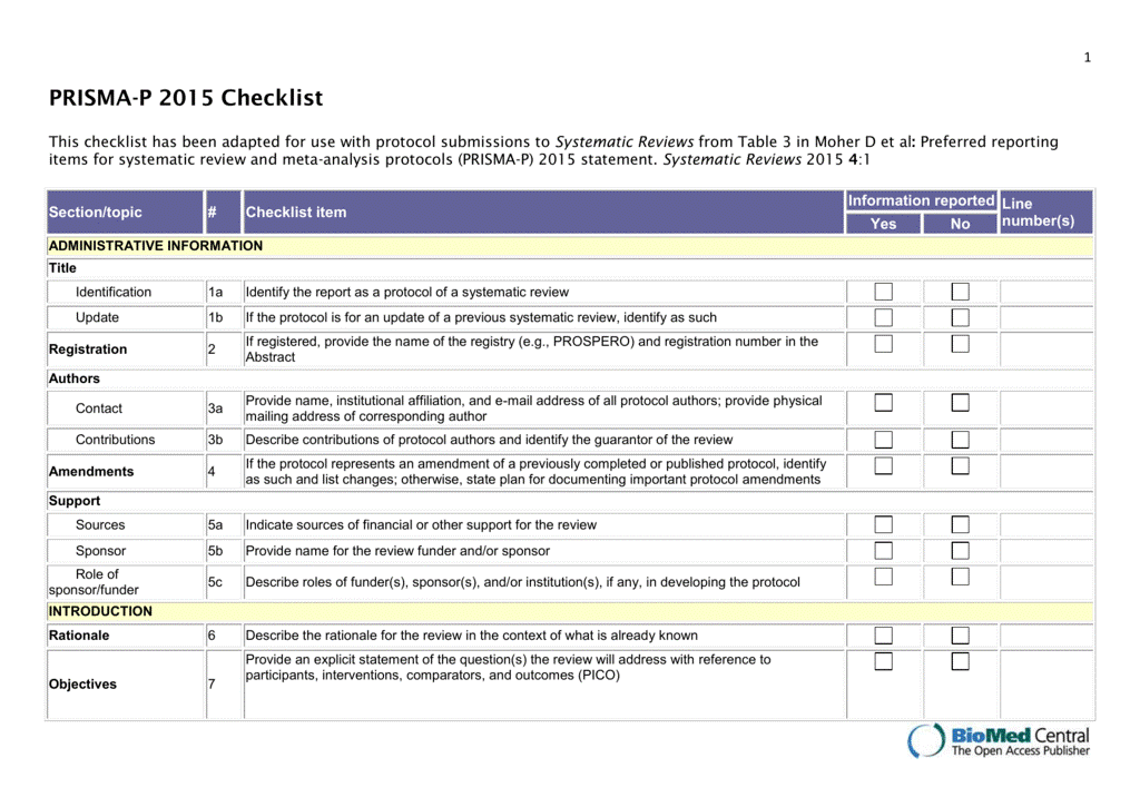 PRISMA P checklist for protocol development