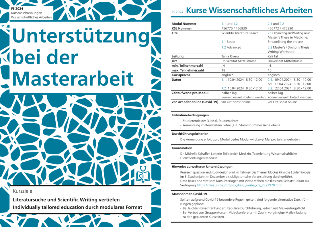 Overview of the Academic Writing Courses and the Systematic Searching Courses at the Medical Library of the University of Bern in autumn 2023