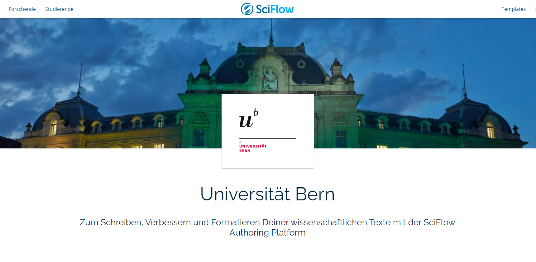 Bild des SciFlow-Portals für die Uni Bern: "Zum Schreiben, Verbessern und Formatieren Deiner wissenschaftlichen Texte mit der SciFlow Authoring Platform"