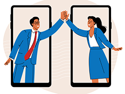 Illustraion von zwei Menschen, die aus dem Mobilphone heraustreten und High five machen.
