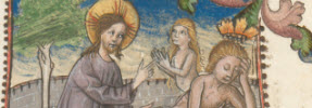 Textbeginn des 1. Buch Mose mit handgezeichneter Initiale "I" und Buchmalerei: die Erschaffung Evas
